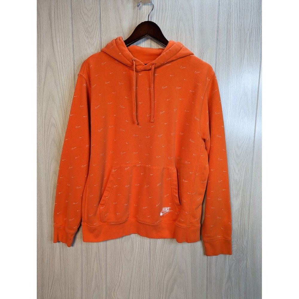 Nike Men Hoodie Large Orange Swoosh Graphic All Over Front Pocket Pullover READ